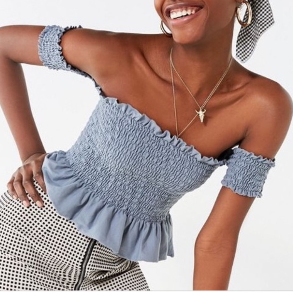 Truly Madly Deeply Urban Outfitters smocked off the shoulder light blue top